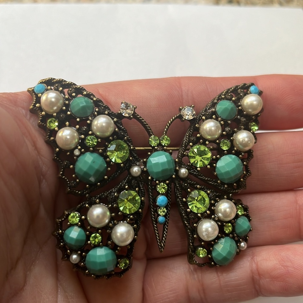 Blue and Green Butterfly Broach with Rhinestones and Pearls